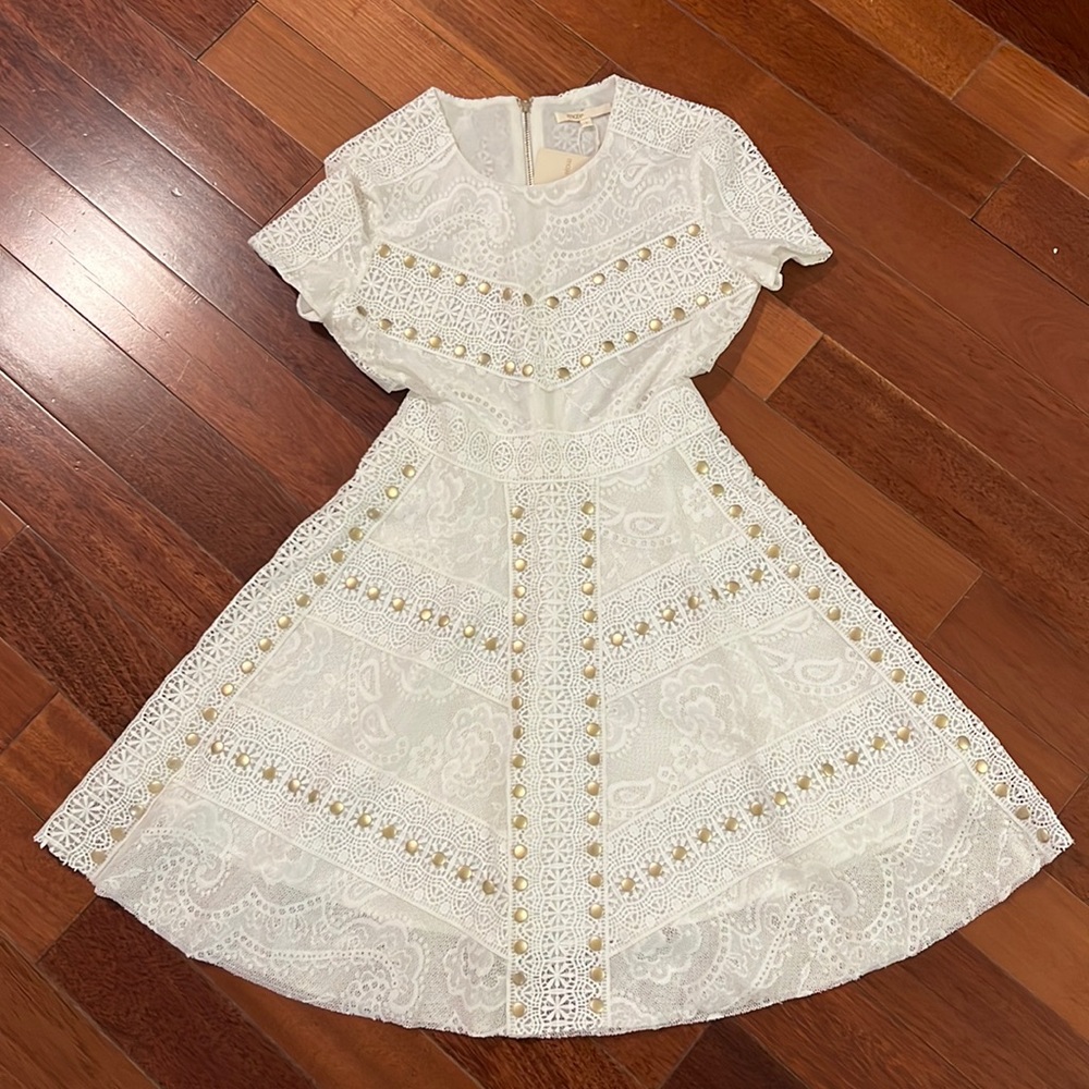 NWT MAJE ROBE A CLOU MANC BLANC SHORT SKATER DRESS WITH STUDS SIZE 1